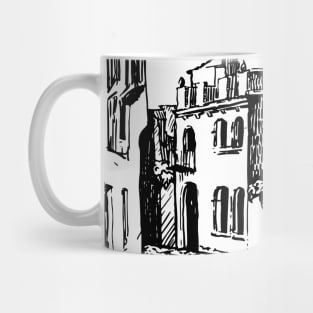 City landscape. Dark lines on a light background. Mug